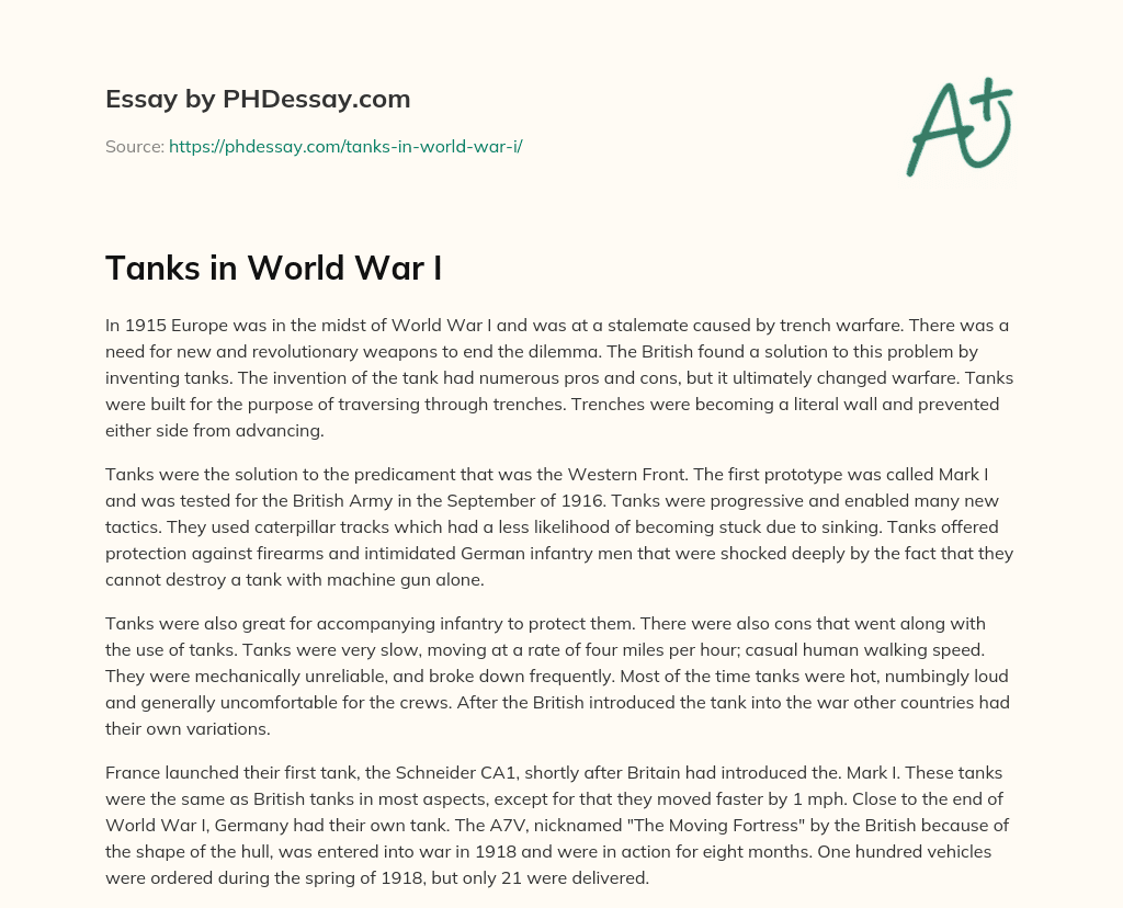 Tanks in World War I essay