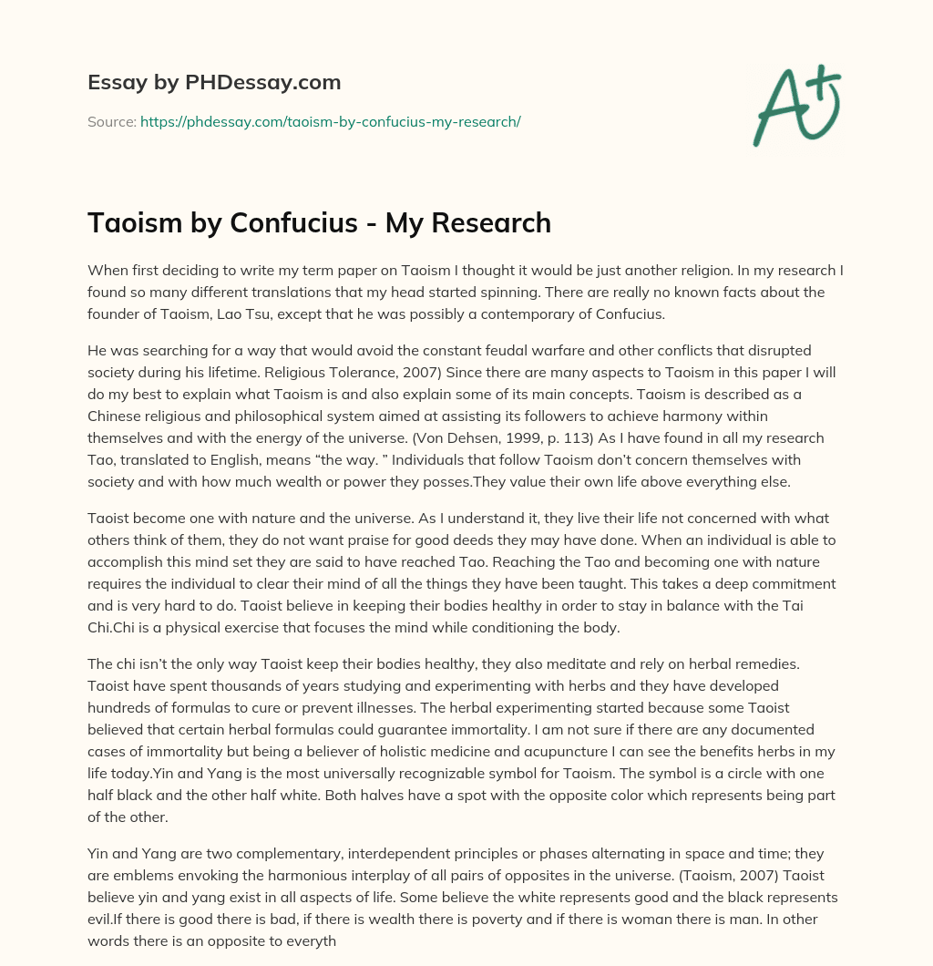 Taoism by Confucius – My Research essay