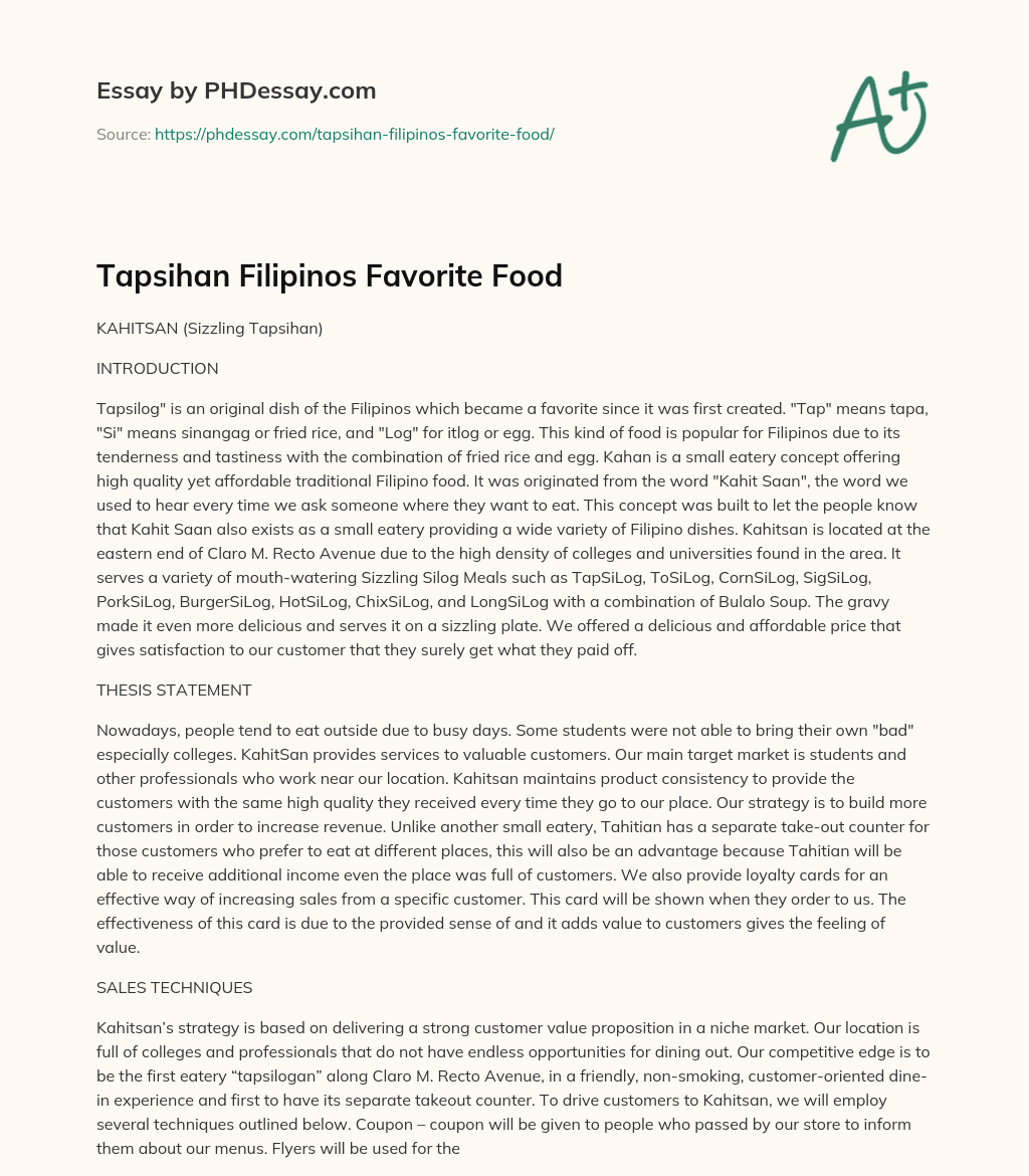 Tapsihan Filipinos Favorite Food essay
