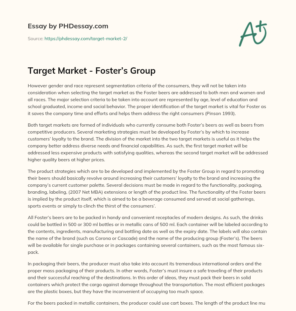 Target Market – Foster’s Group essay