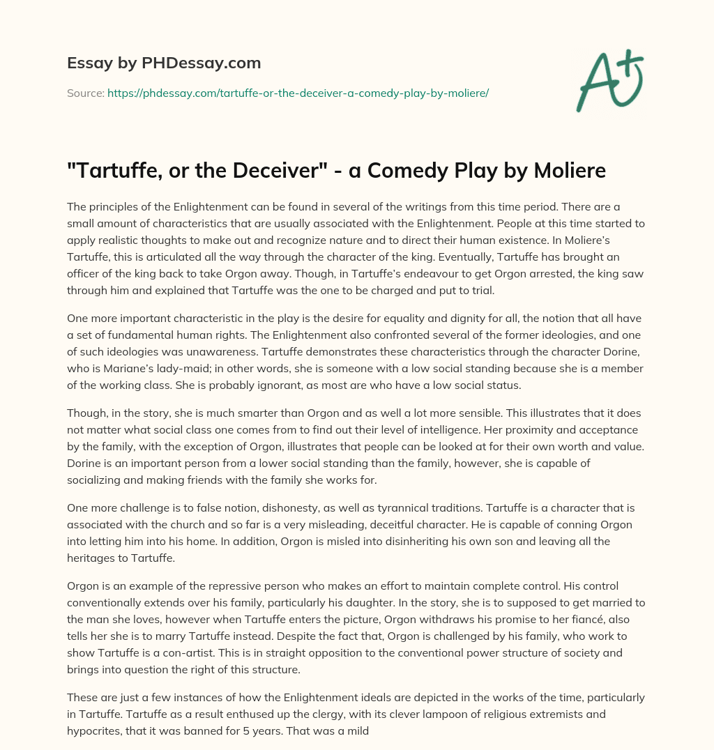 “Tartuffe, or the Deceiver” – a Comedy Play by Moliere essay