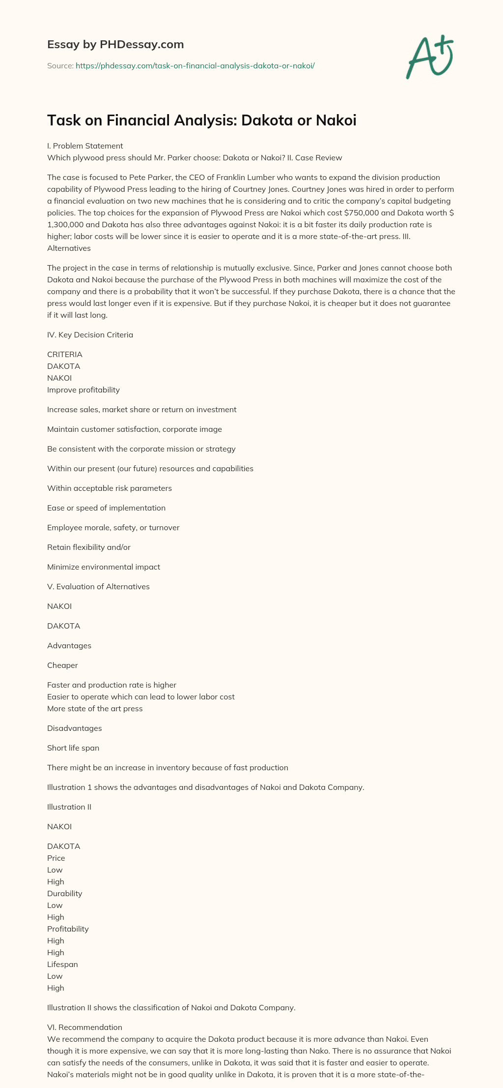 Task on Financial Analysis: Dakota or Nakoi essay