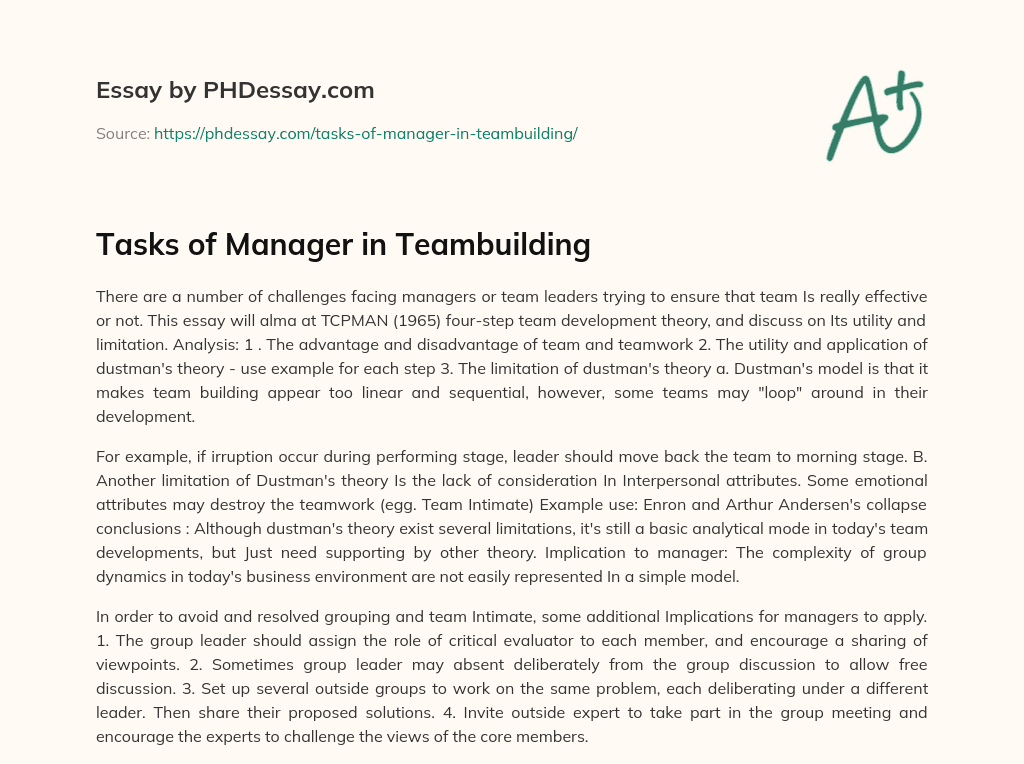 Tasks of Manager in Teambuilding essay