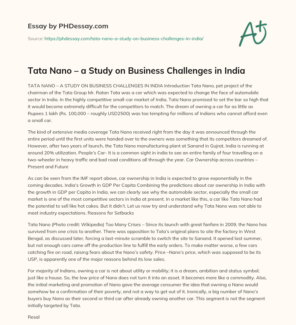 Tata Nano – a Study on Business Challenges in India essay