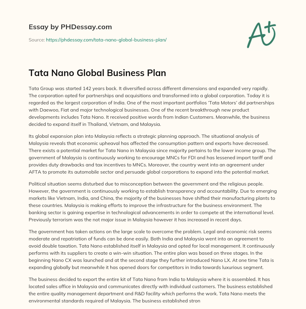 Tata Nano Global Business Plan essay