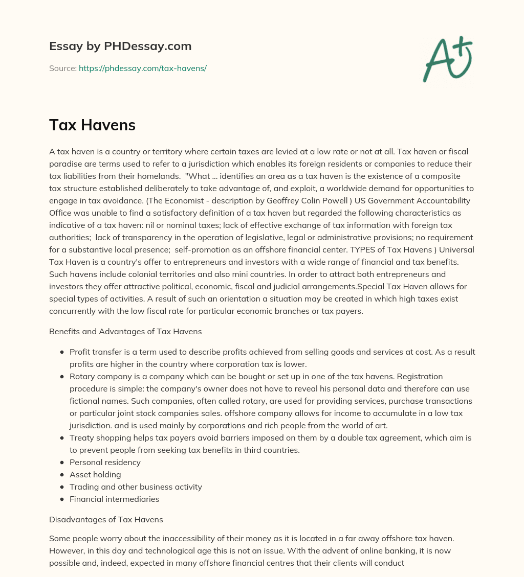 Tax Havens: Definition, Characteristics, and Types essay