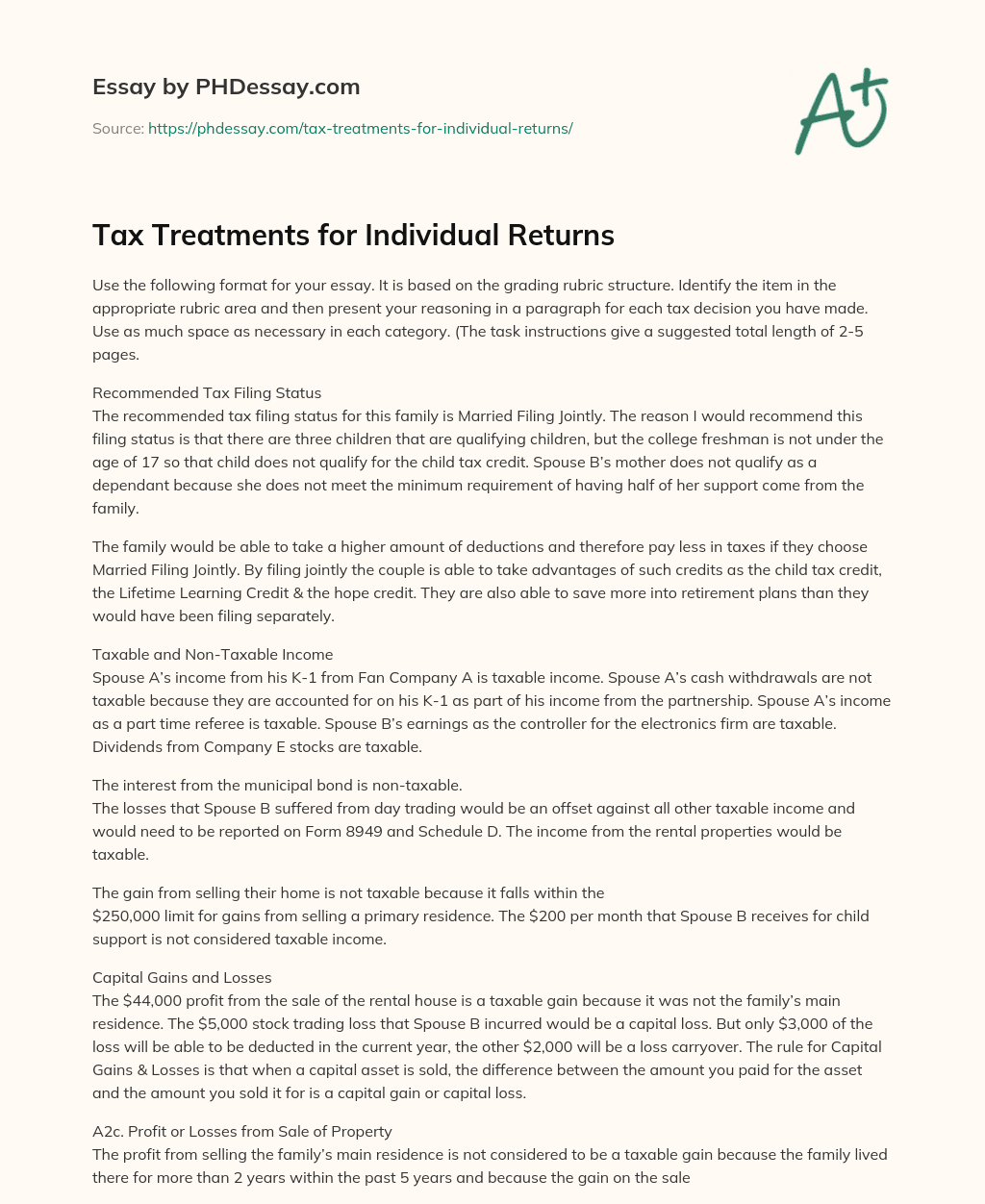 Tax Treatments for Individual Returns essay