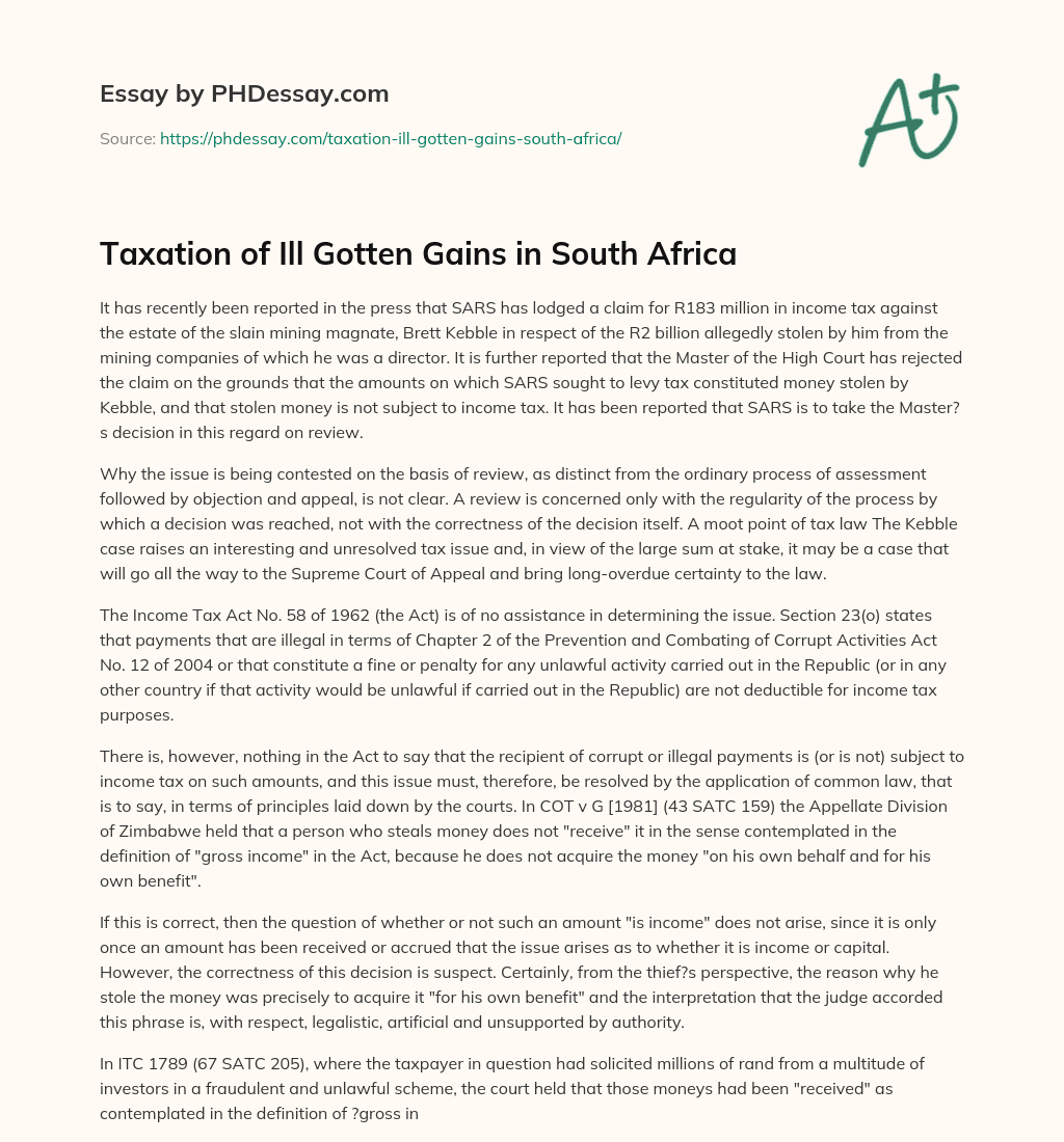 Taxation of Ill Gotten Gains in South Africa essay