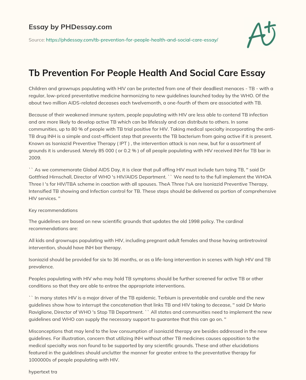 Tb Prevention For People Health And Social Care Essay essay