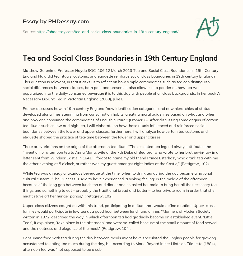 Tea and Social Class Boundaries in 19th Century England essay
