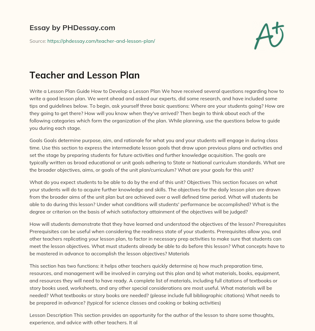 Teacher and Lesson Plan essay