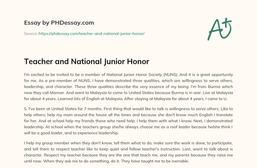 Teacher and National Junior Honor essay