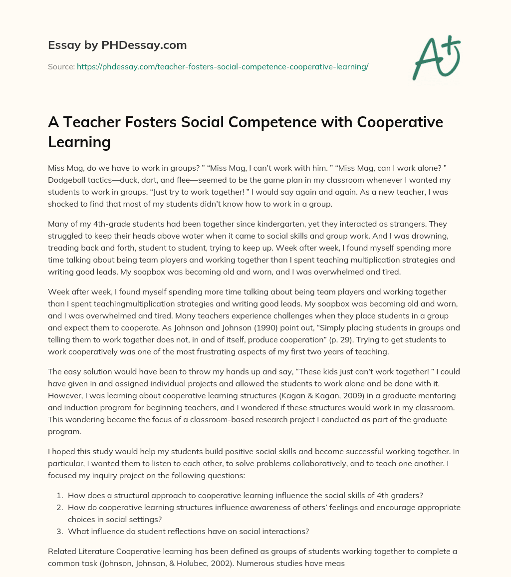 A Teacher Fosters Social Competence with Cooperative Learning essay