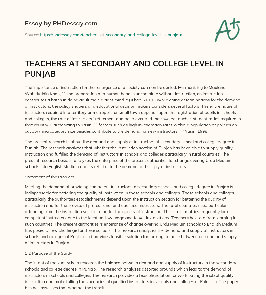 TEACHERS AT SECONDARY AND COLLEGE LEVEL IN PUNJAB essay