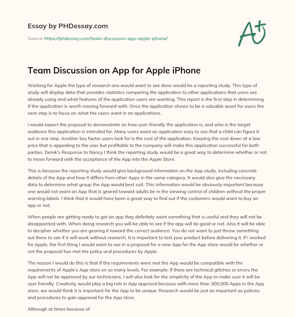 Team Discussion on App for Apple iPhone essay