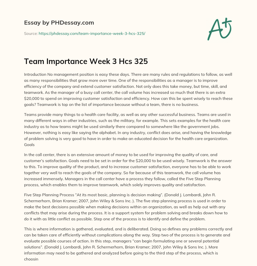 Team Importance Week 3 Hcs 325 essay