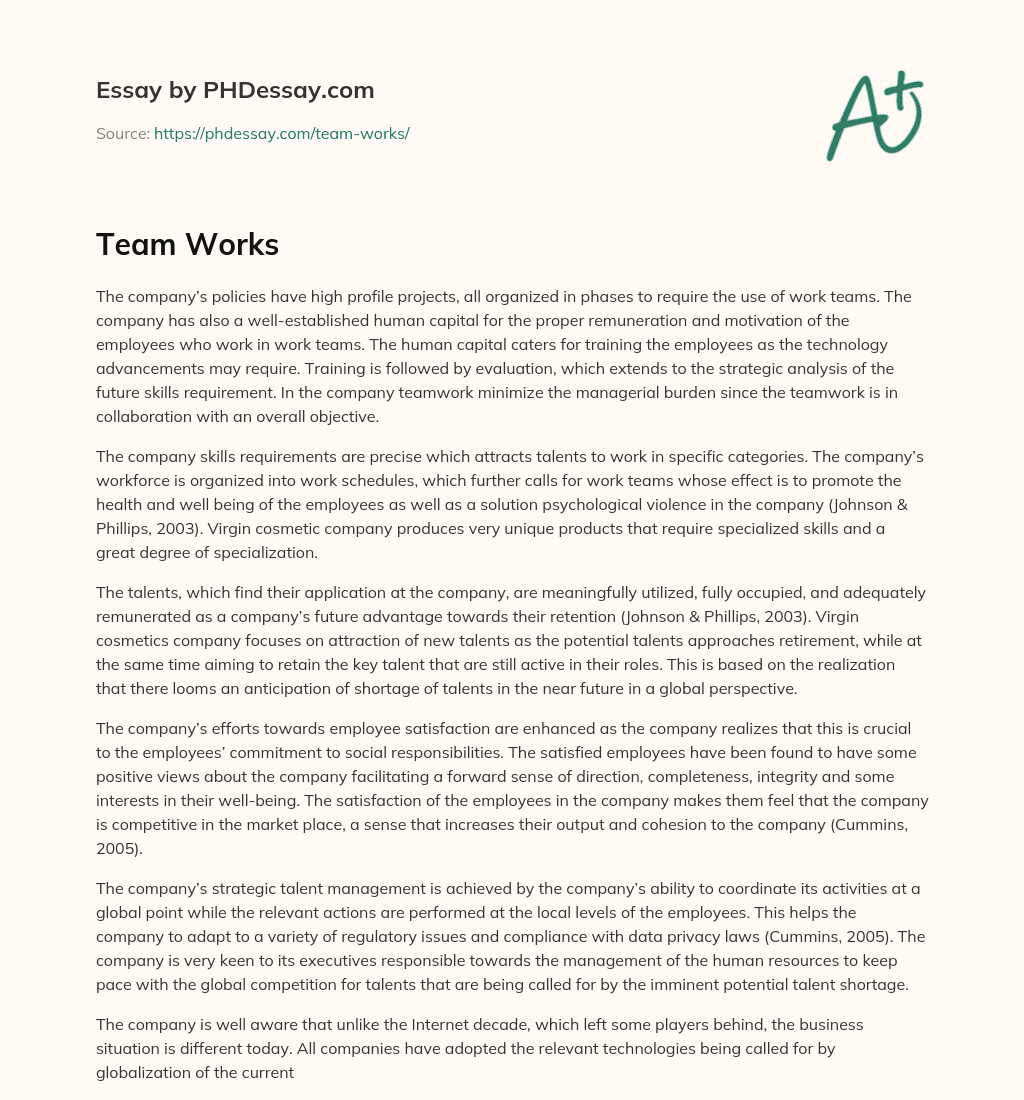 Virgin Cosmetic Company’s Effective Work Teams and Human Capital Management essay