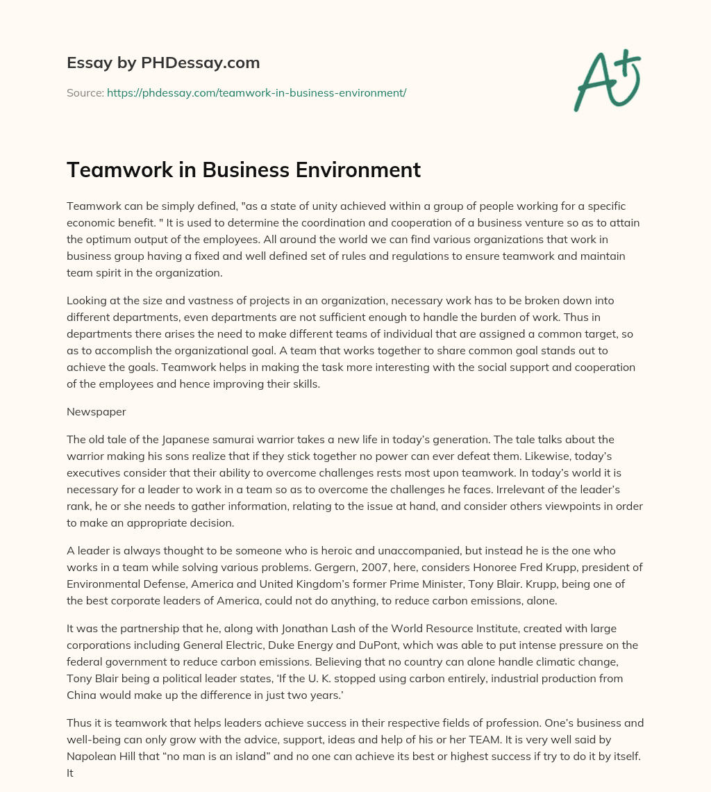 Teamwork in Business Environment essay