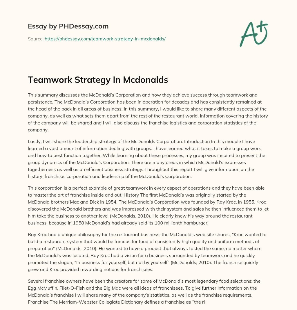 Teamwork Strategy In Mcdonalds essay