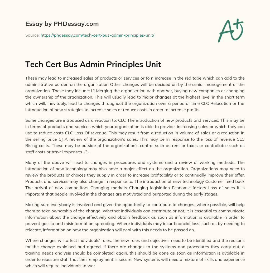 Tech Cert Bus Admin Principles Unit essay