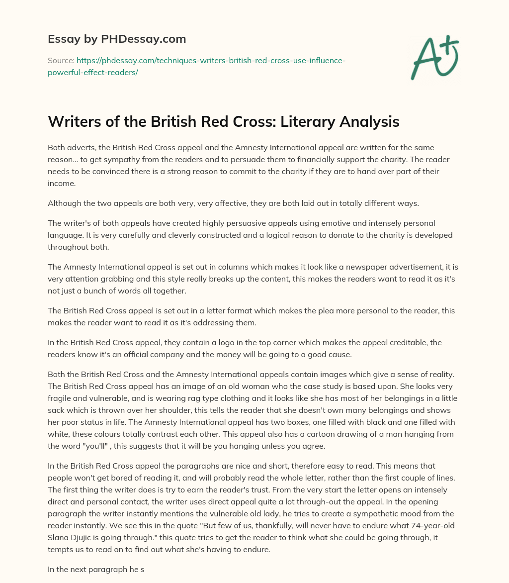 Writers of the British Red Cross: Literary Analysis essay