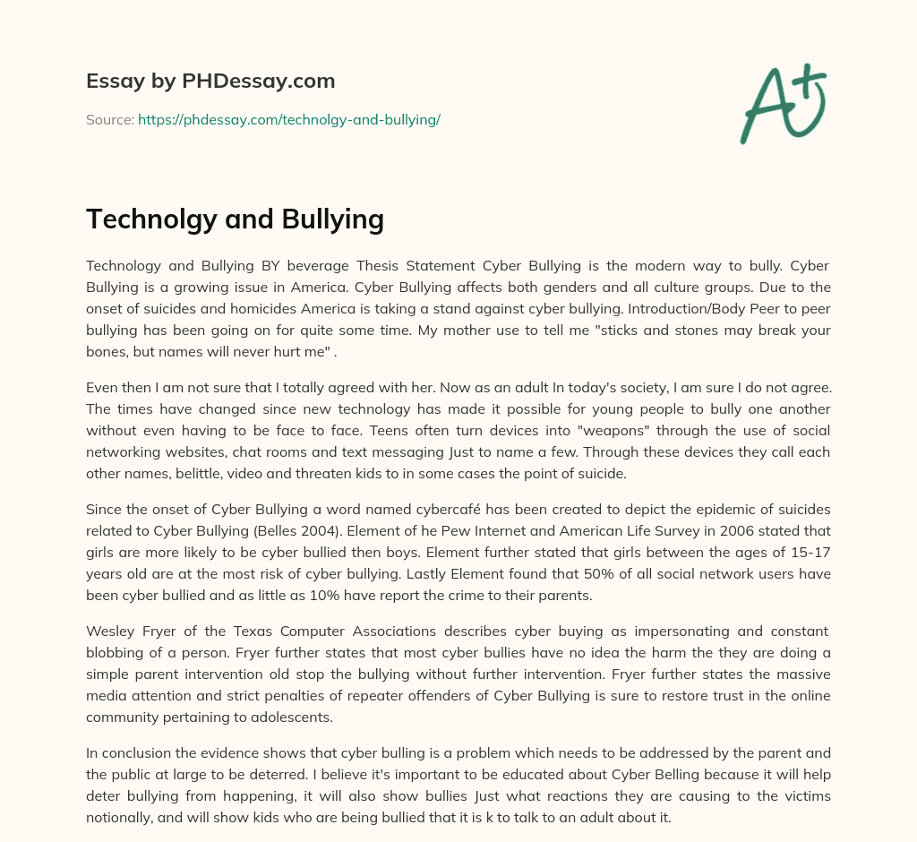 Technolgy and Bullying essay