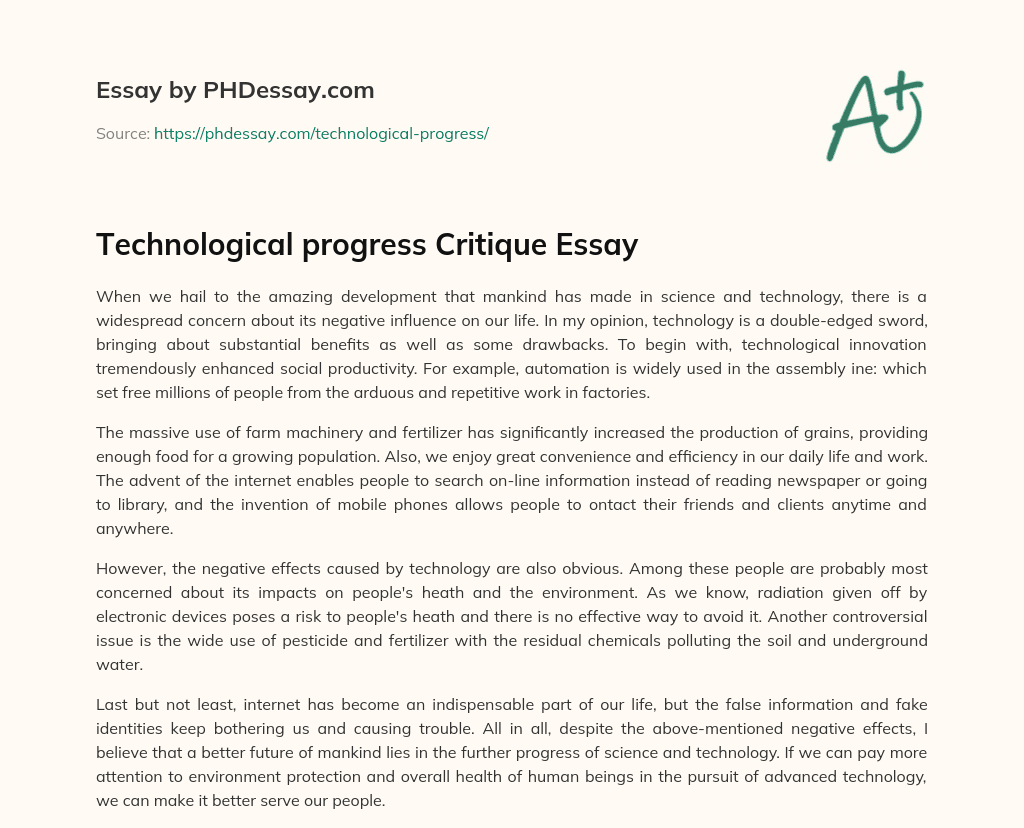 Technological progress Critique Essay essay