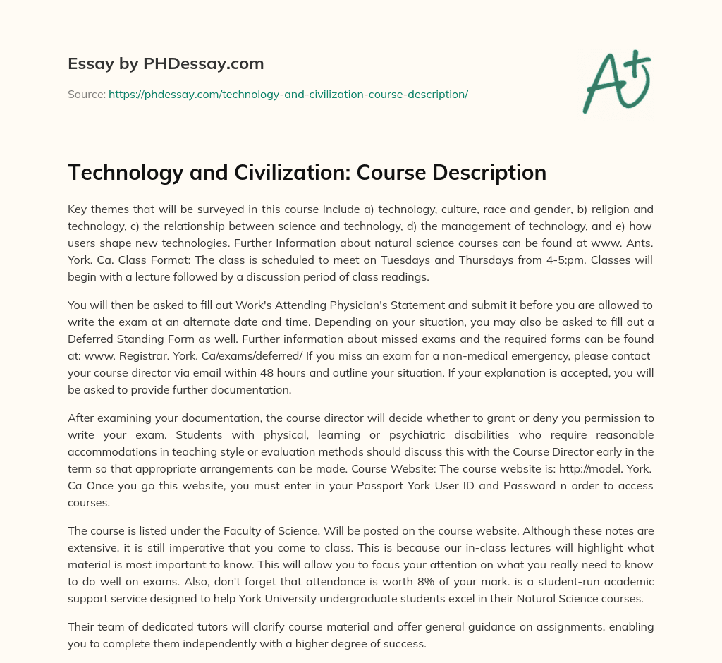 Technology and Civilization: Course Description essay