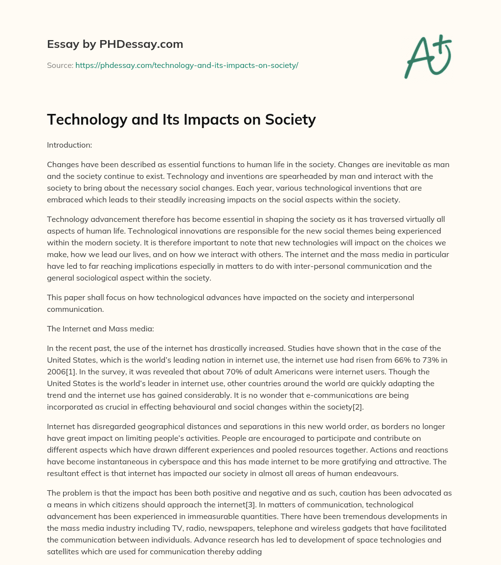 Technology and Its Impacts on Society essay