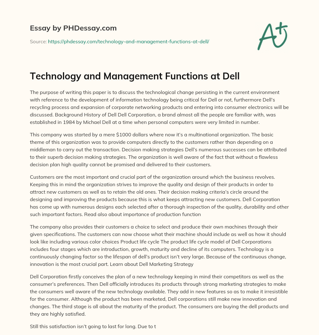 Technology and Management Functions at Dell essay