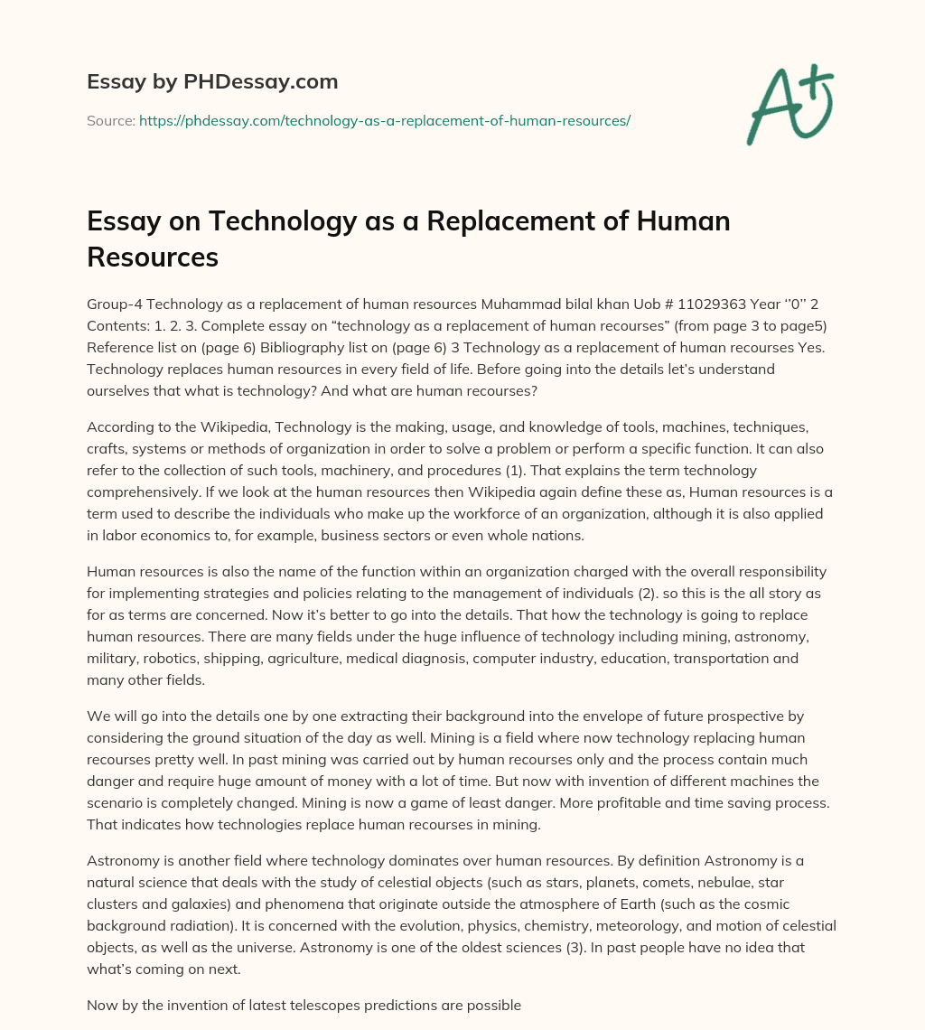 Essay on Technology as a Replacement of Human Resources essay