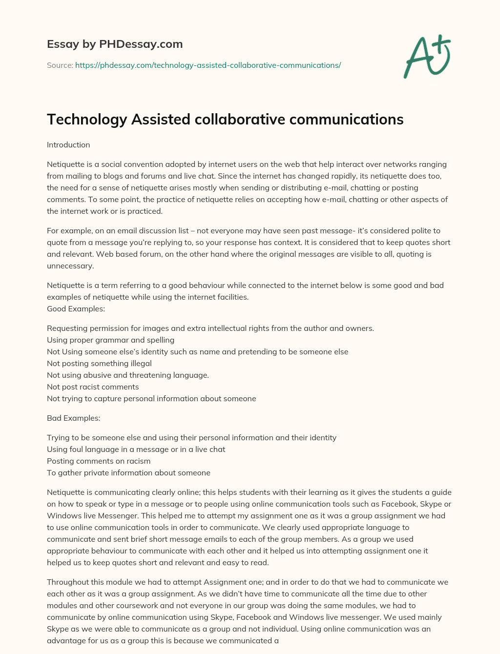 Technology Assisted collaborative communications essay