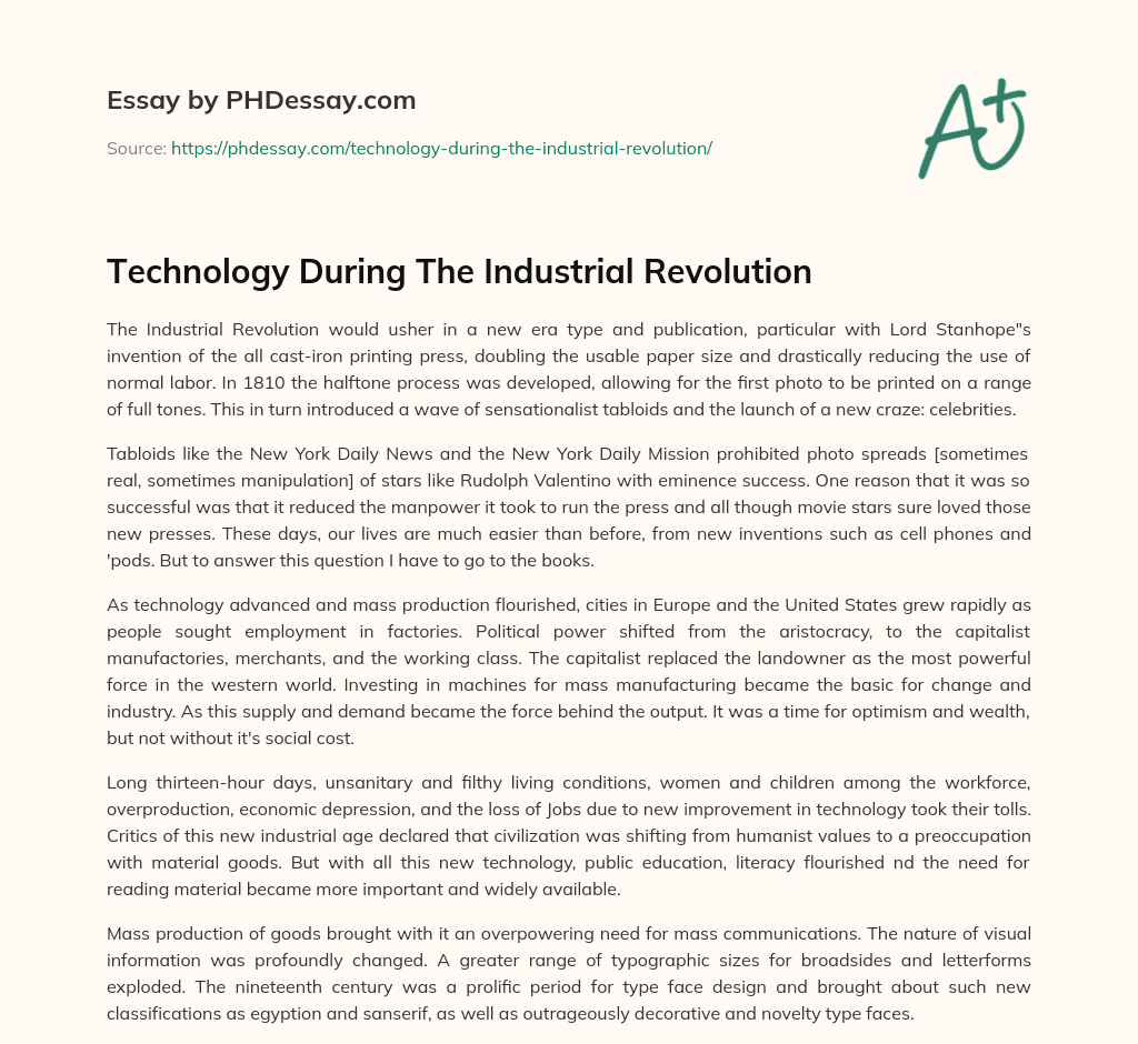 Technology During The Industrial Revolution essay