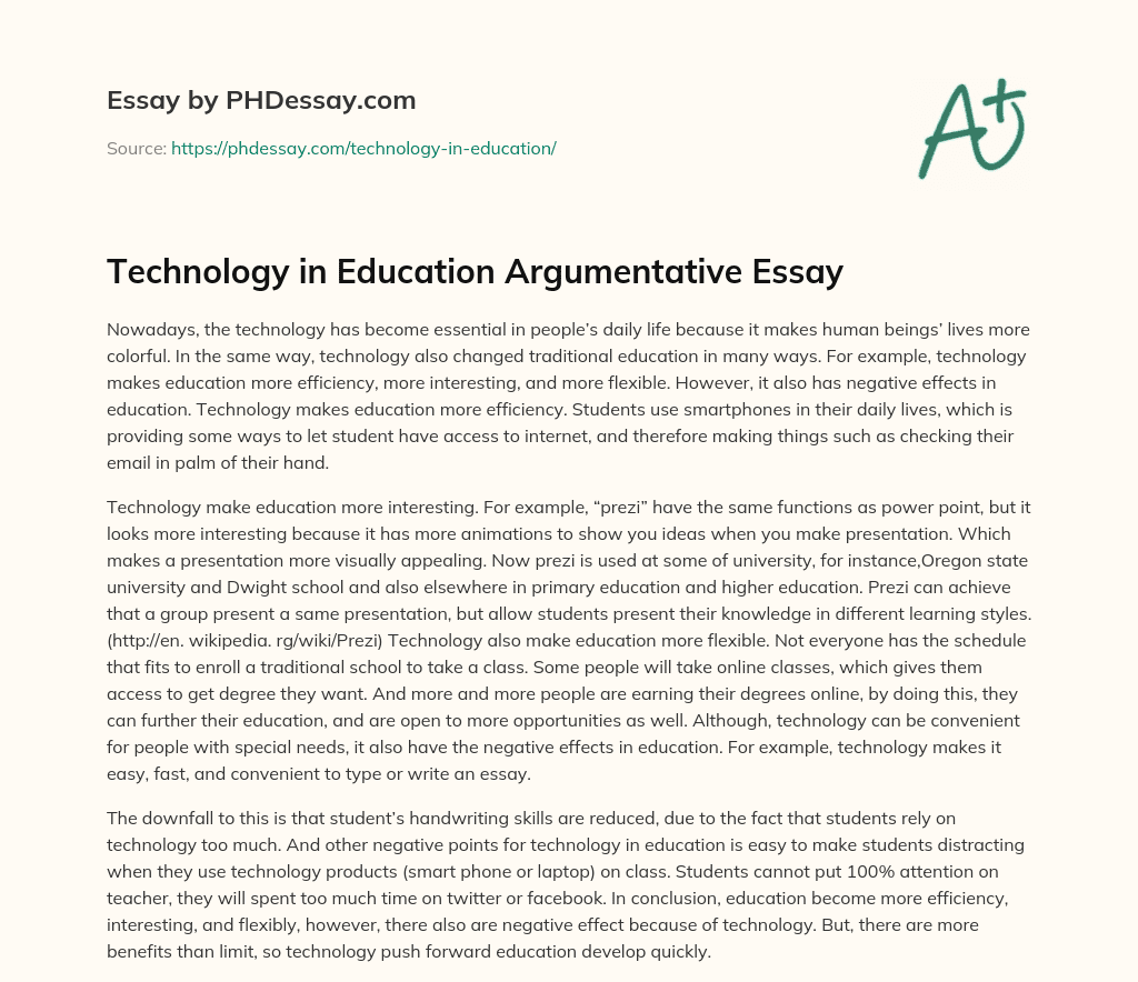 Technology in Education Argumentative Essay essay