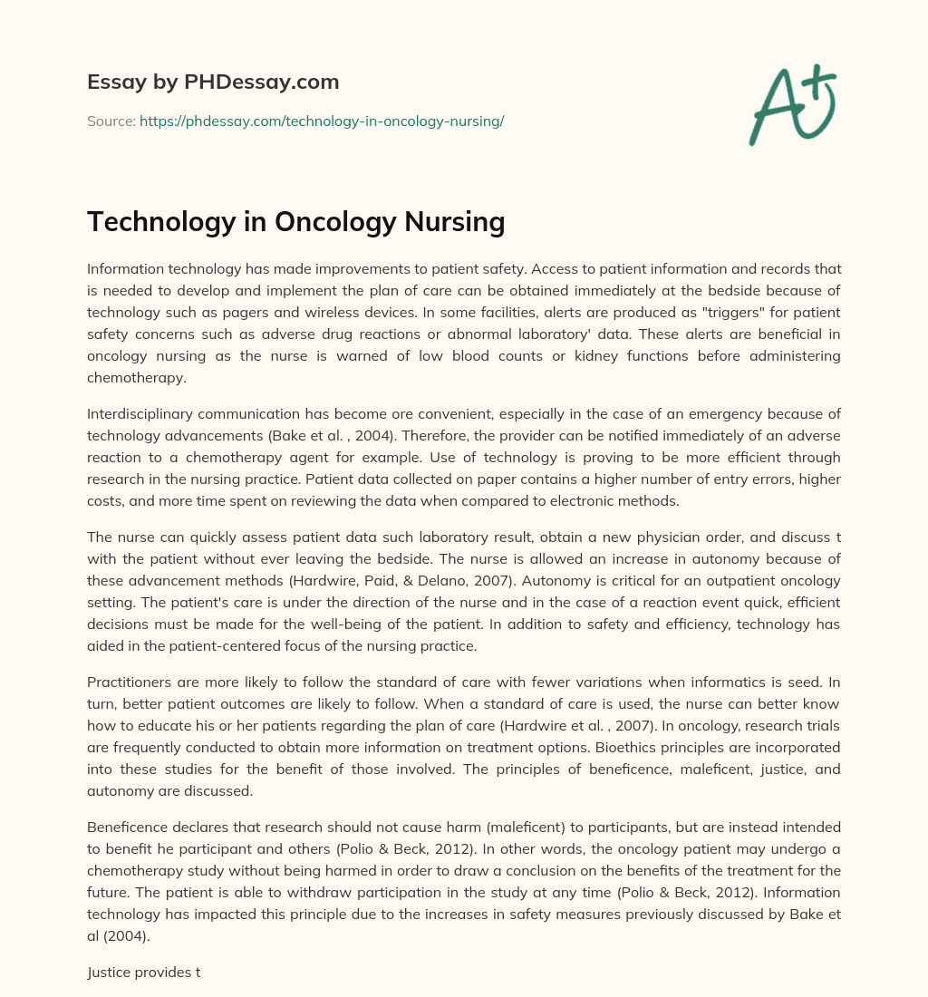 Technology in Oncology Nursing essay