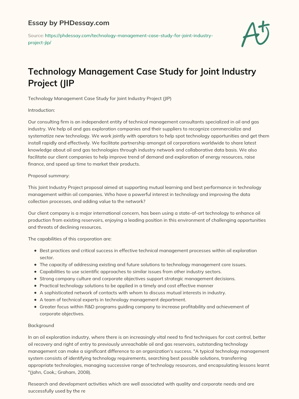 Technology Management Case Study for Joint Industry Project (JIP essay