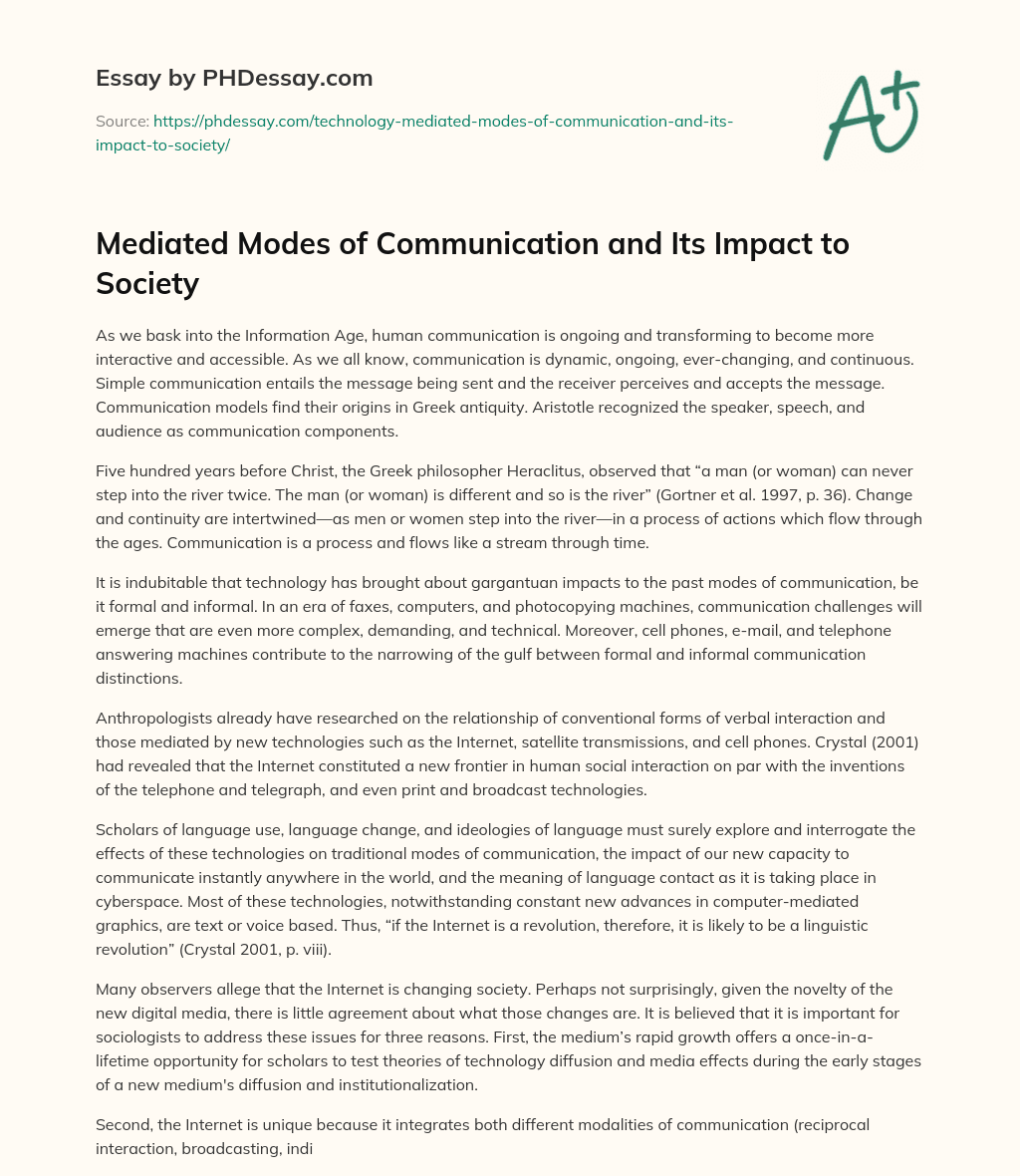 Mediated Modes of Communication and Its Impact to Society essay