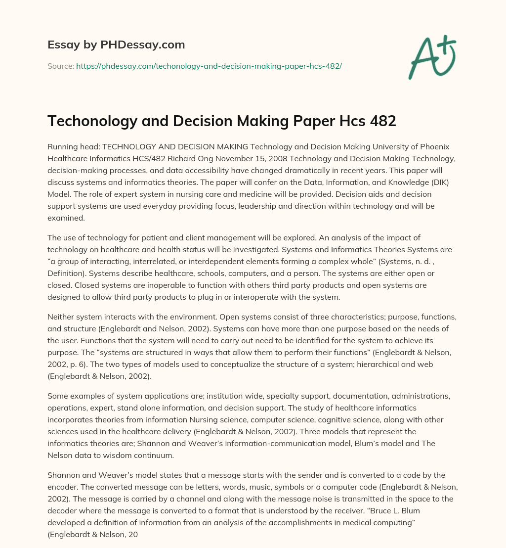 Techonology and Decision Making Paper Hcs 482 essay
