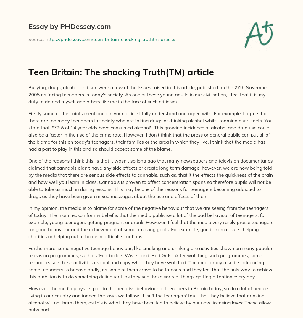 Teen Britain: The shocking Truth(TM) article essay