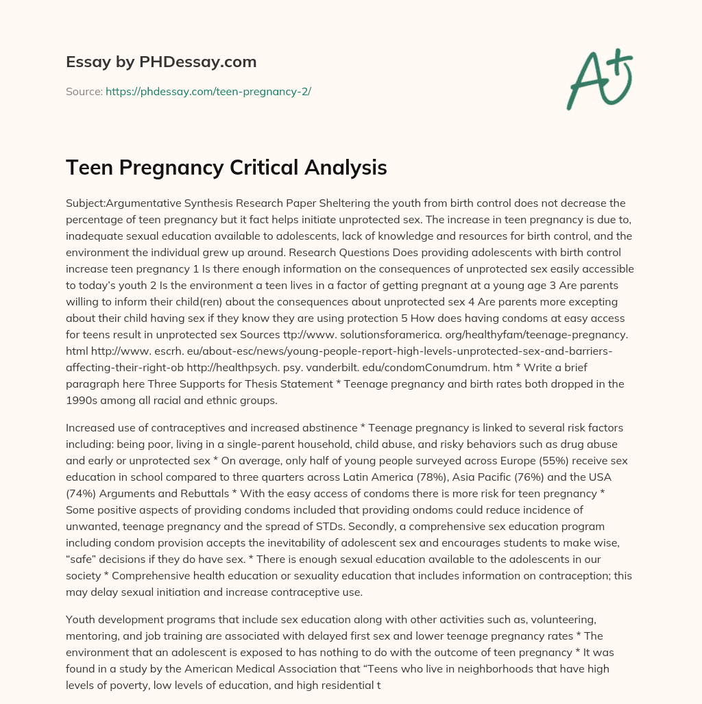 Teen Pregnancy Critical Analysis essay