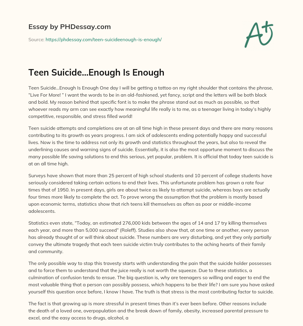 Teen Suicide…Enough Is Enough essay