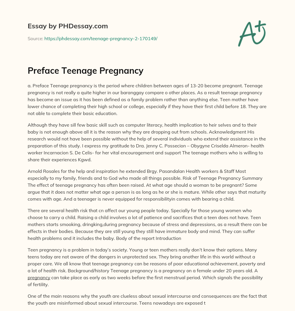 Preface Teenage Pregnancy essay