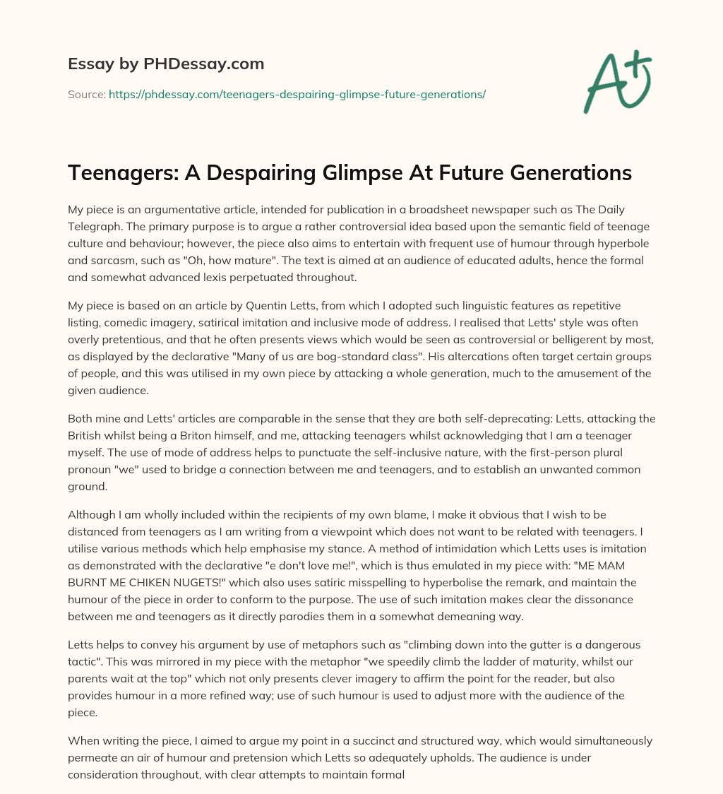 Teenagers: A Despairing Glimpse At Future Generations essay