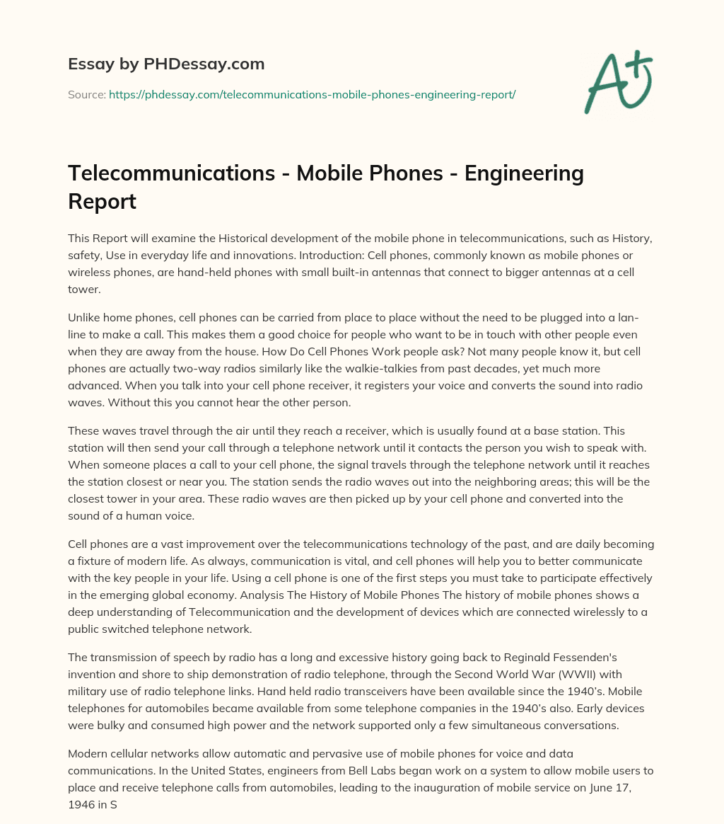Telecommunications – Mobile Phones – Engineering Report essay