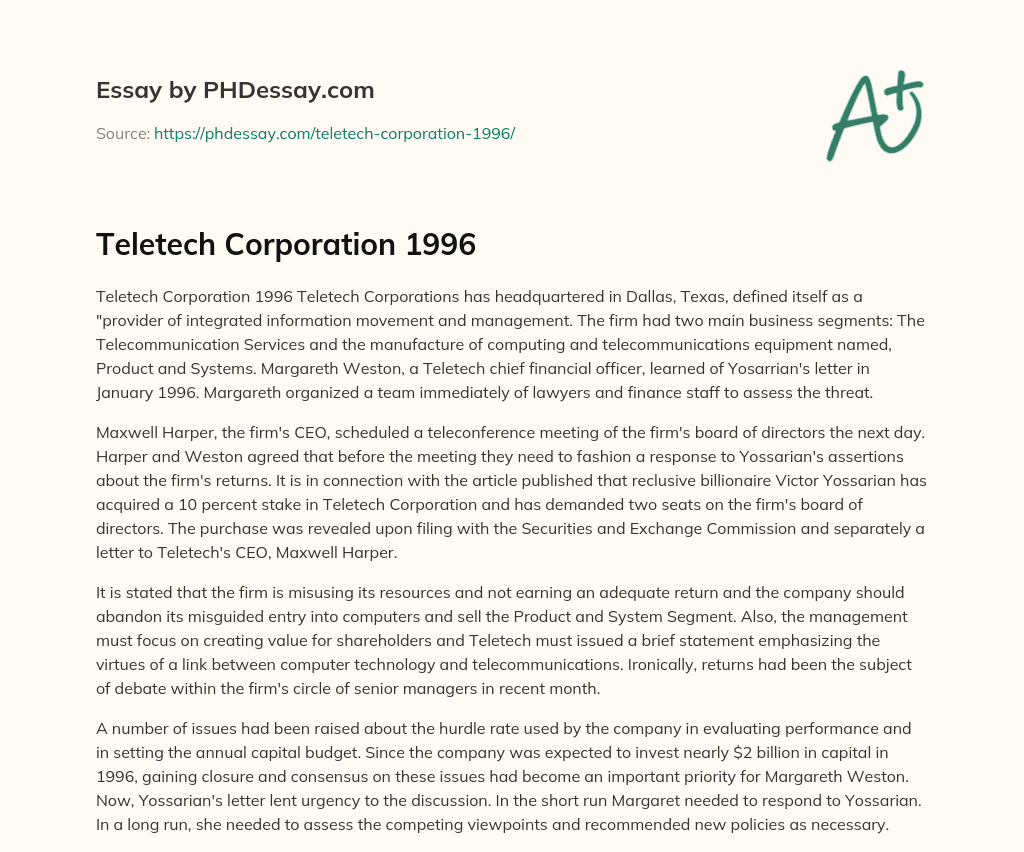 Teletech Corporation 1996 essay