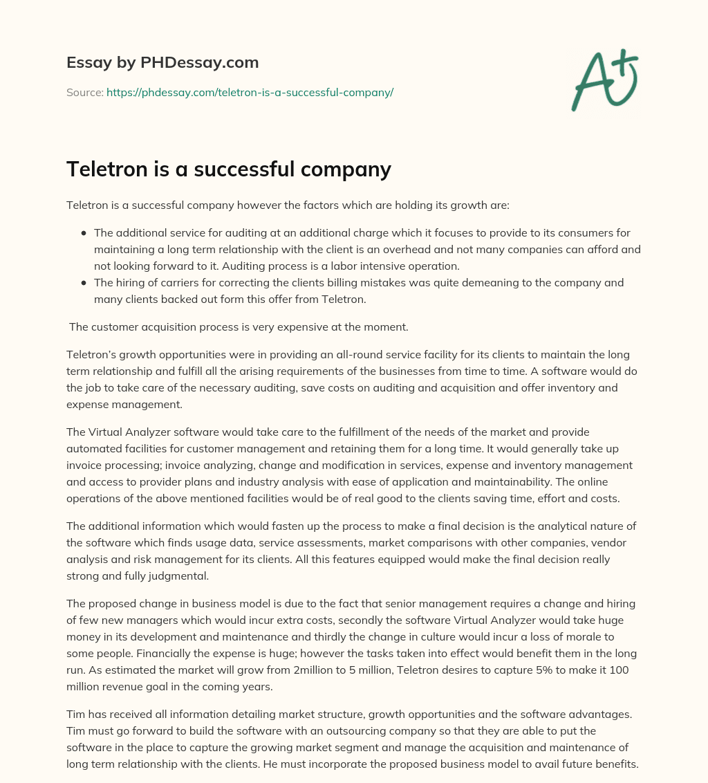 Teletron is a successful company essay