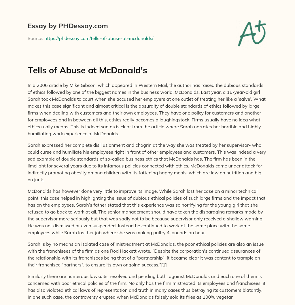 Tells of Abuse at McDonald’s essay