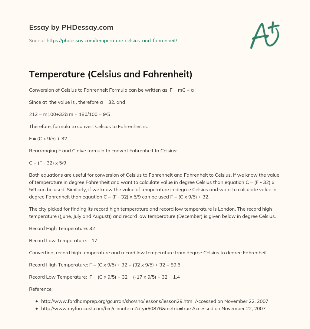 Temperature (Celsius and Fahrenheit) essay