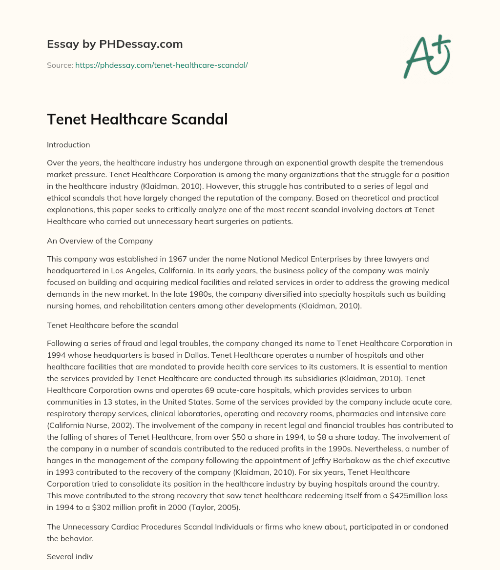 Tenet Healthcare Scandal essay