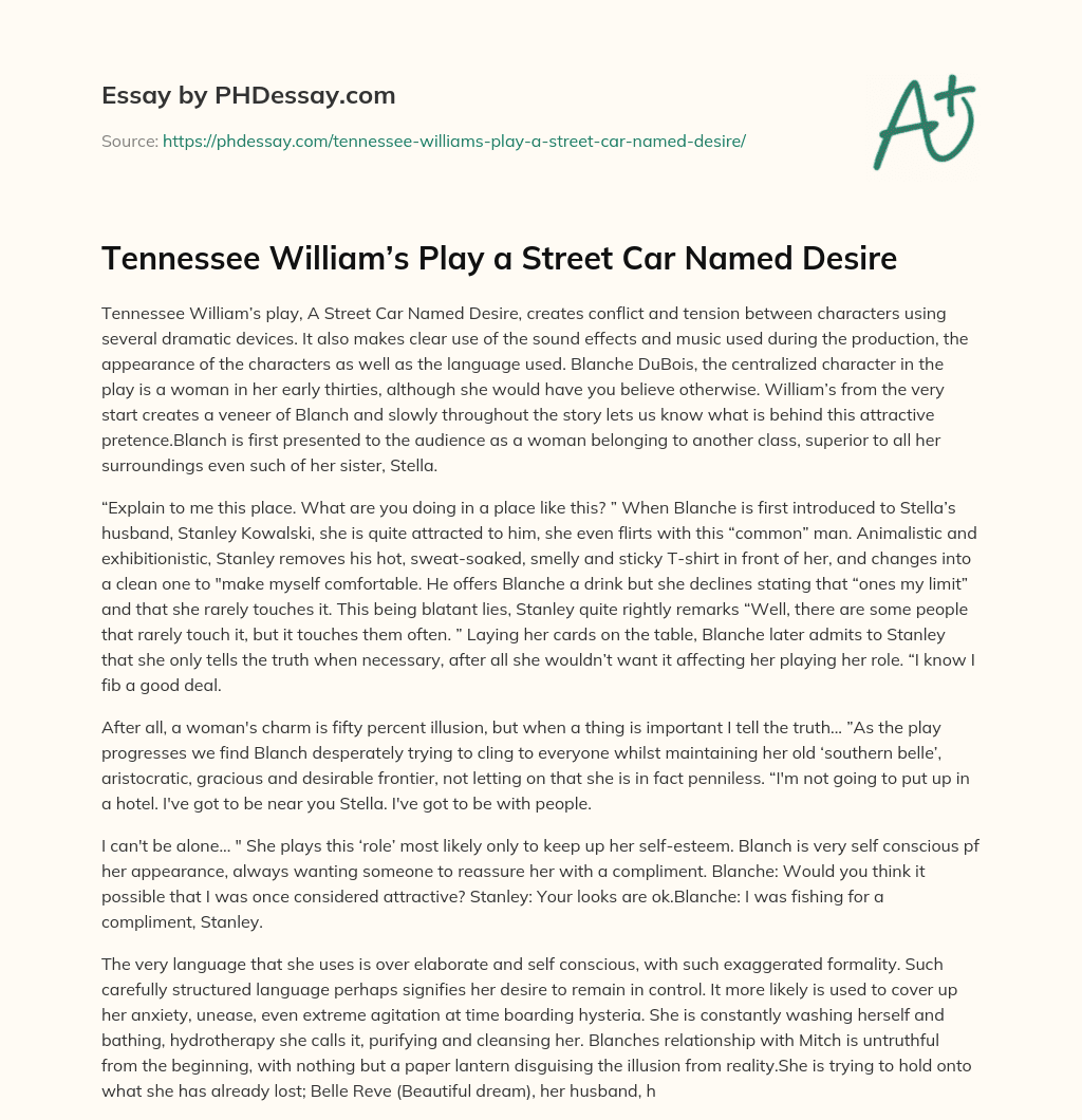 Tennessee William’s Play a Street Car Named Desire essay